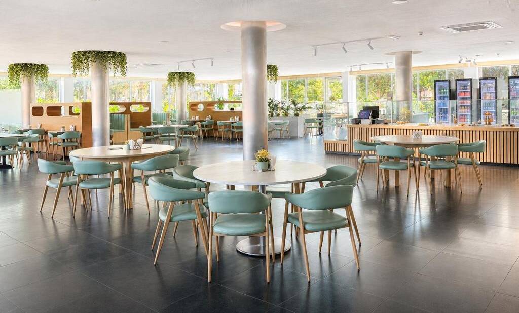 Bright restaurant with garden views